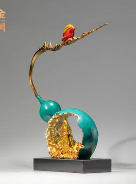 铜金岁月福星高照葫芦铜摆件创意假山葫芦中式客厅玄关柜台铜摆件