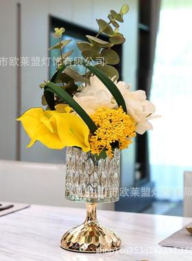 水晶玻璃工艺装饰花瓶金属底家用玻璃台面花器糖果罐化妆筒摆件