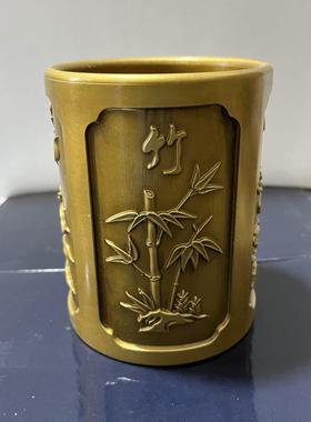古玩复古做旧金属工艺品黄铜梅兰竹菊笔筒 中式客厅书房 摆件