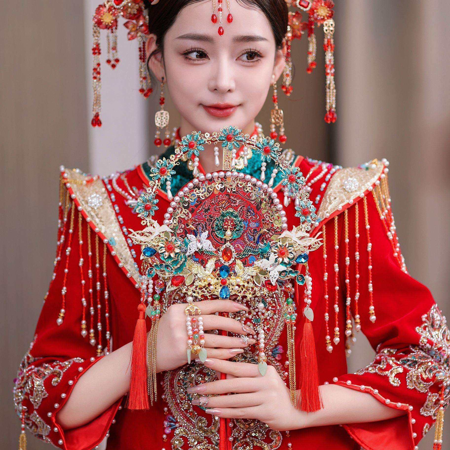 红色蕾丝新娘结婚秀禾服团扇新中式双面成品遮面金色成品喜扇团扇,淘宝优惠券,粉丝福利购,淘宝优惠卷