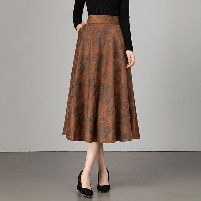 Printed skirt for women 2025 spring and autumn new style small high-waisted large-swing A-line skirt mid-length fashionable umbrella skirt