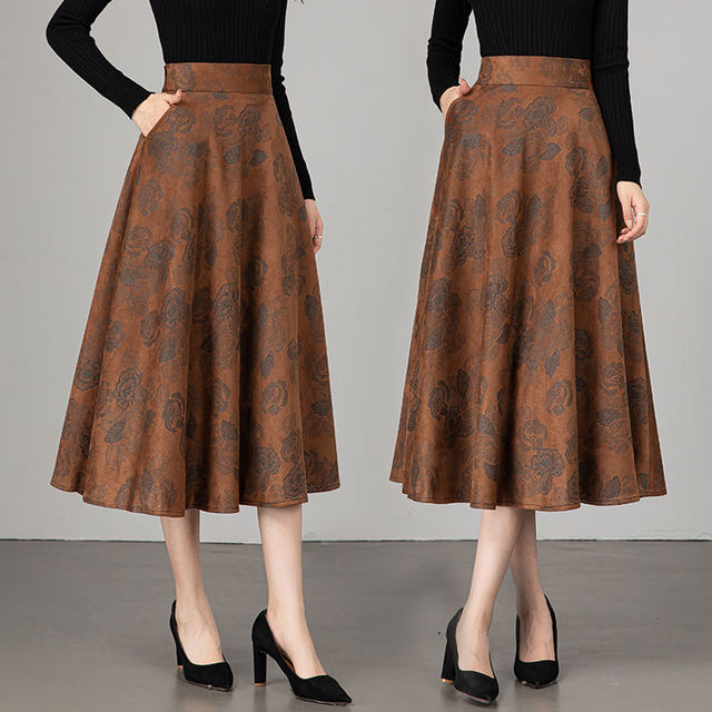 Printed skirt for women 2025 spring and autumn new style small high-waisted large-swing A-line skirt mid-length fashionable umbrella skirt