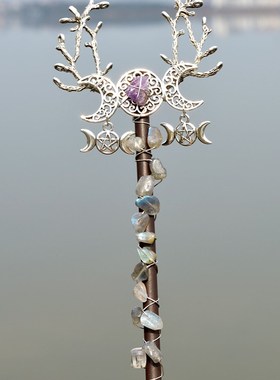 18厘米长紫水晶月亮维京龙羽毛手工权杖仙女棒天然水晶碎石女巫