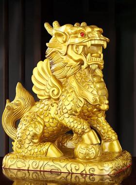 铜麒麟摆件一对大号纯黄铜财富麒麟家居卧室客厅办公室开业工艺品