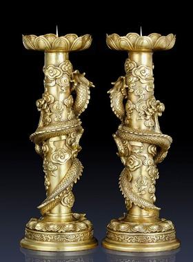 纯黄铜龙柱烛台摆件家居客厅摆件佛堂烛台装饰公司龙纹烛台工艺品