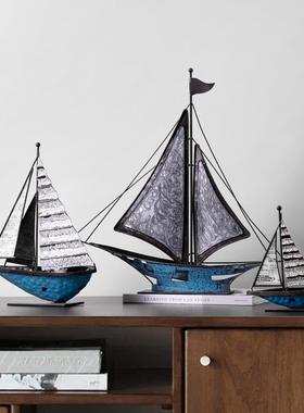 北欧铁艺帆船摆件客厅办公室办公桌书架电视柜家居装饰做旧工艺品