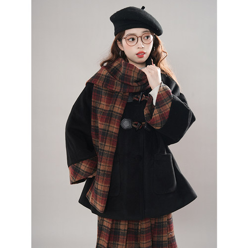 【扶光】JK制服毛呢套装学院风可爱格子披风围巾领外套冬季两件套 - 图2