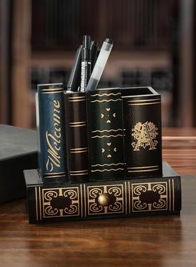 美式复古木质创意笔筒个性多功能假书桌面收纳盒时尚家居书房摆件