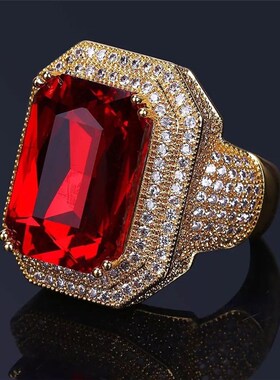 Hot Fashion Big Male Wide Red Zircon Stone Geometric Ring  Y