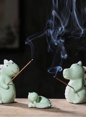 创意手工陶瓷摆件卡通可爱龙宝动物小恐龙桌面线香插香器桌面摆件