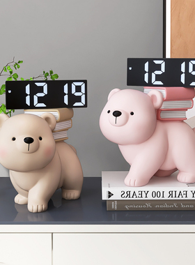 奶油风熊时钟摆件客厅玄关卧室床头钟表台式摆放式桌面智能电子钟