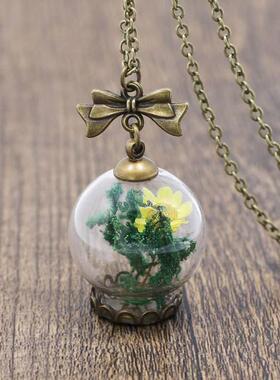 Vintage Handmade DIY Dried Flowers Round Glass Shade Pendant