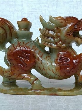 纯手工雕刻整块天然岫玉原石麒麟摆件一对家居客厅玄关吉祥物摆件