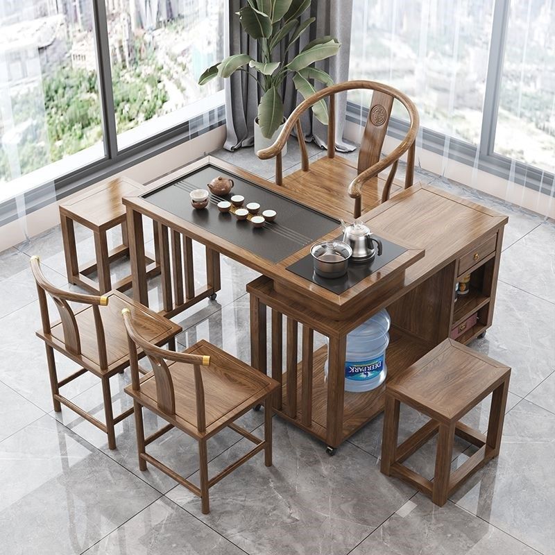 实木茶桌旋转式茶台阳台小户型移动1米1.2米桌椅橡胶木带烧水,淘宝优惠券,粉丝福利购,淘宝优惠卷