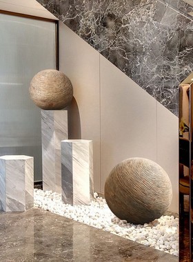 实木雕刻圆木球落地摆件大型雕塑工艺品酒店大堂门店橱窗软装饰品