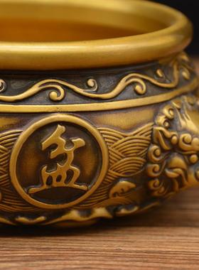 宏达 黄铜压铸刻花虎头聚宝盆 铜器家居吉祥摆件