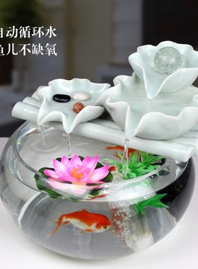 圆形小金鱼缸陶瓷流水过滤增氧水景家里装饰招财创意喷泉循环摆件