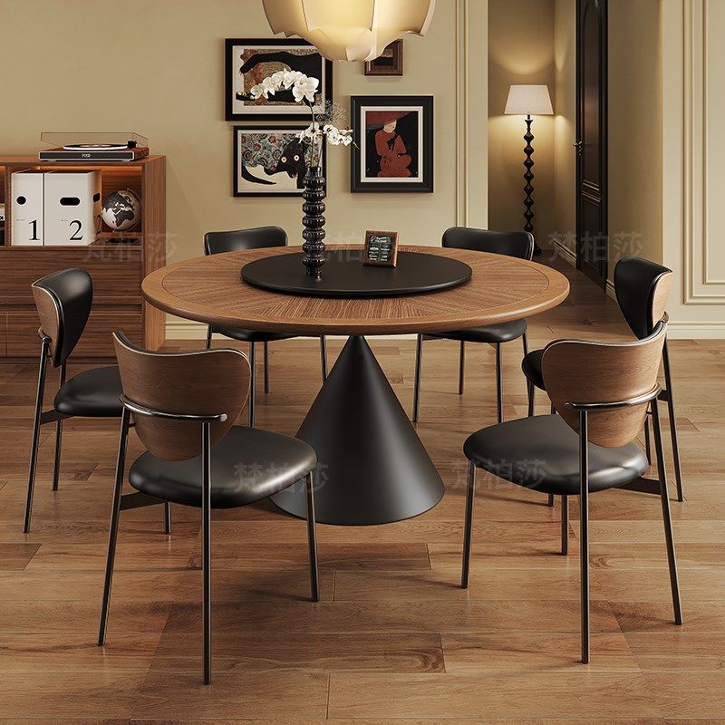 中古风圆桌实木纹理圆形岩板餐桌法式复古奶油家用高端带转盘饭桌,淘宝优惠券,粉丝福利购,淘宝优惠卷