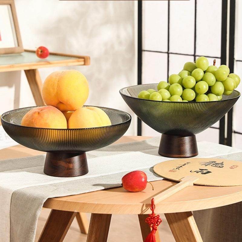 新款复古实木底座高脚玻璃水果盘中式家用客厅茶几果盆高档摆件,淘宝优惠券,粉丝福利购,淘宝优惠卷