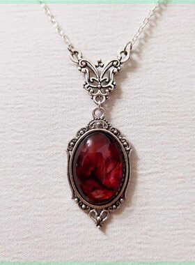 Gothic Blood Red Quartz Charm Necklace Oval Pendant Necklace