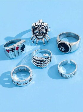 6Pcs Punk Poker Joker Silver Color Rings for Men Goth Skelet