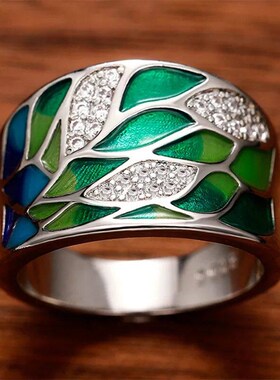 Green Leaf Enamel Handmade Oil Dropping Womens Ring Charm H