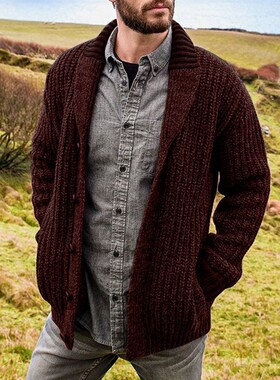 Men's cardigan solid color long sleeve knitted sweater c