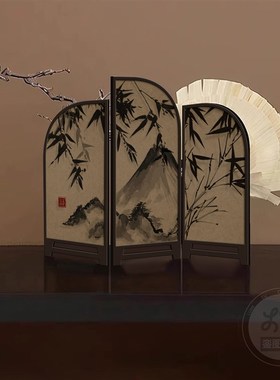 复古电视柜摆件中式墨竹茶室桌面玄关柜边柜装饰可折叠屏风小摆件