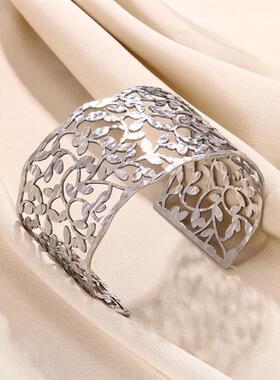 Silver Color Leaf Wide Cuff Bangles For Women Stainless Stee