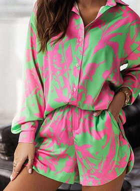 Print Shorts Suits Women Vintage Long Sleeve Shirt And Short