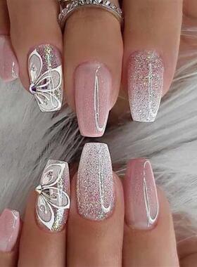 24Pcs Press On Nails Wearable Fake Nails Pink Gradient Glitt