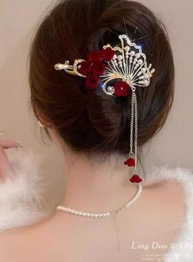 Female Red Flowers Tassels Pearls Hair Styling Tools Hair Cl