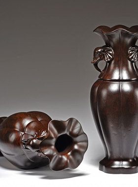 黑檀木雕大象装饰花瓶摆件实木质客厅插花中式玄关工艺礼品摆饰乔