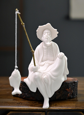 陶瓷姜太公钓鱼摆件人物钓鱼翁假山鱼缸流水器盆景造景微景观配件