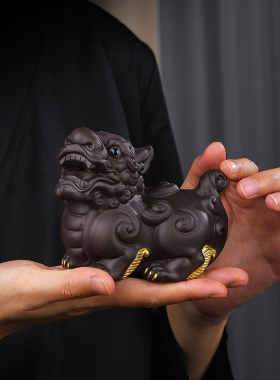 紫砂招财貔貅桌面摆件手工客厅办公室玄关家居装饰茶从宠茶宠可养