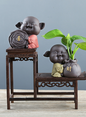 创意紫砂茶宠招财猪摆件 水培花瓶器皿家居客厅博古架装饰工艺礼