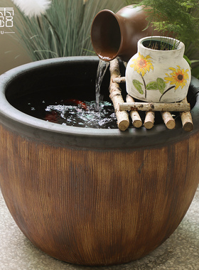 陶瓷大水缸鱼缸复古做旧仿青铜庭院造景流水门海酒店民宿室外缸