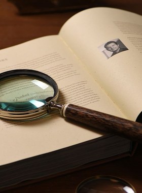 进口复古做旧黄铜实木把柄放大镜摆件样板间客厅卧室书房桌面装饰