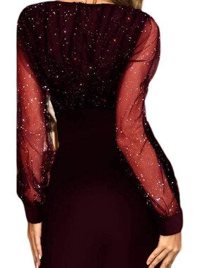 Women s Evening Dress Mesh Long Sleeve Sequin Embellished V-