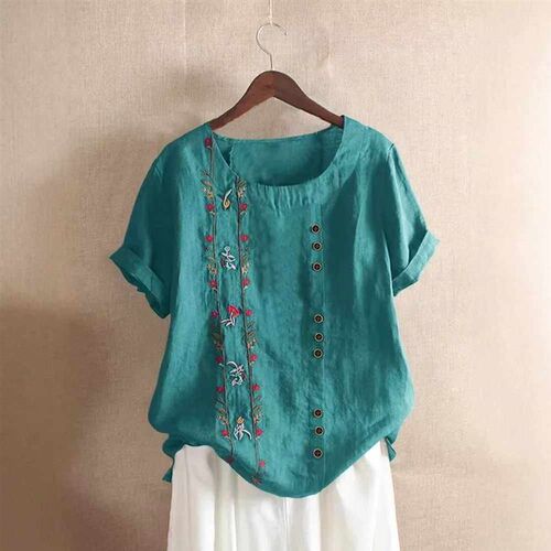 Retro Cotton Linen Short Sleeve Embroidered Flower Womens T - 图1