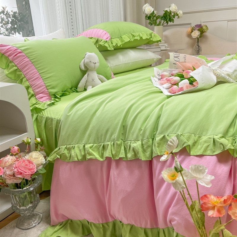 小森系夏日绿粉色纯水洗棉夏被四件拼接花边大豆空调被薄被凉感,淘宝优惠券,粉丝福利购,淘宝优惠卷