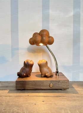 木雕猫咪元素充电小夜灯桌面装饰木质创意礼品原木制实木夜灯摆件