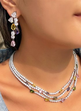 ThreeGraces Shiny Colorful Cubic Zirconia 3 Rows Multi Layer