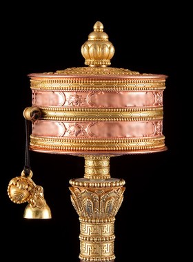 手摇转筒底座西藏族民族黄铜家用红铜转轮八吉祥大小号轴承摆件