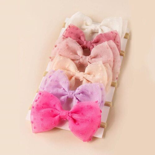 6pcs Baby Gauze Bow Soft Nylon Headband Dual Layers Bow Dots - 图0