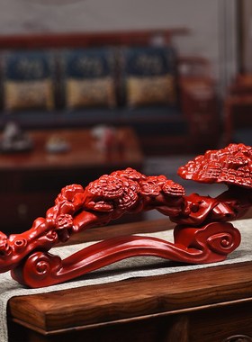 红色木雕刻灵芝如意摆件红木工艺品家居客厅玄关装饰开业乔迁礼品