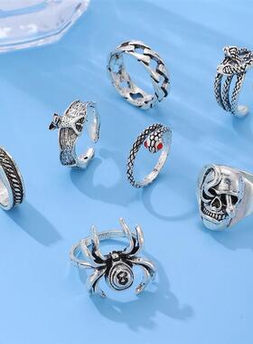Retro Dark Style 7Piece Hip Hop Rings Spider Snake Bat Skull