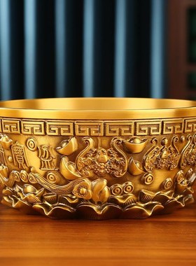 铜制聚宝盆黄铜八方来财聚宝盆五福如意元宝聚宝盆家居办公室摆件