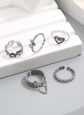 Korea Punk Love Heart Ring Set 5pcs Personality Temperament