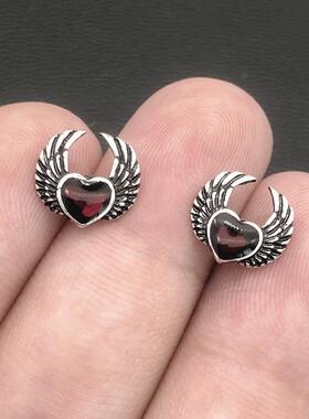 Indie Gothic Silver Colour Vintage Blood Red Heart with Wing